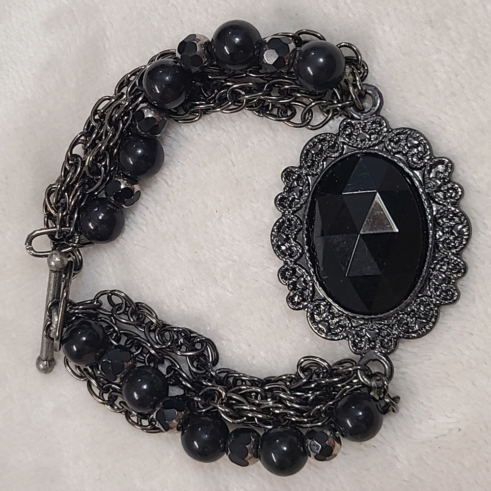 Multi Layer Black Beaded Chain Toggle Clasp Brace… - image 1